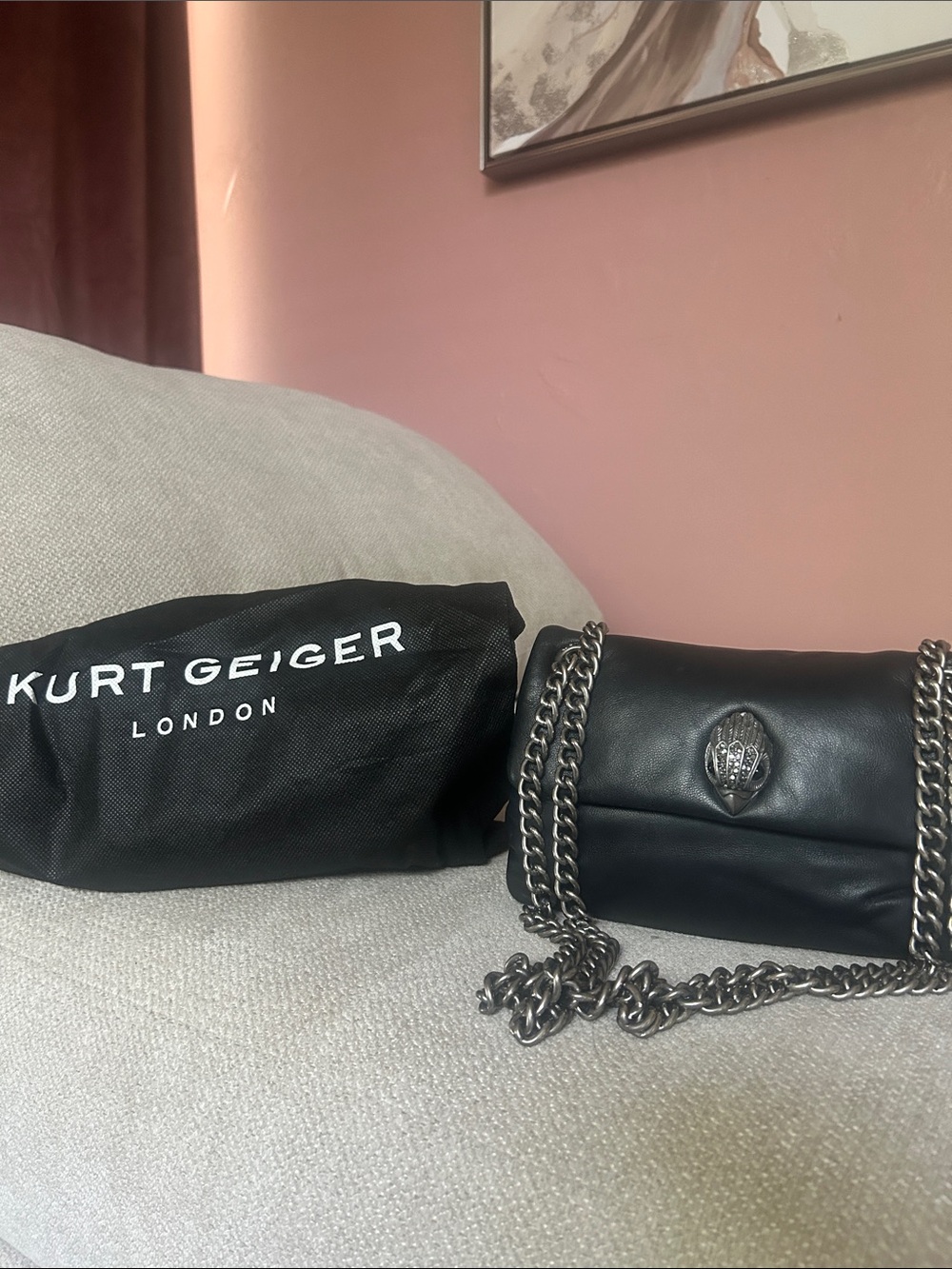 Kurt Geiger Black Leather Mini Shoulder Bag with Silver Chain